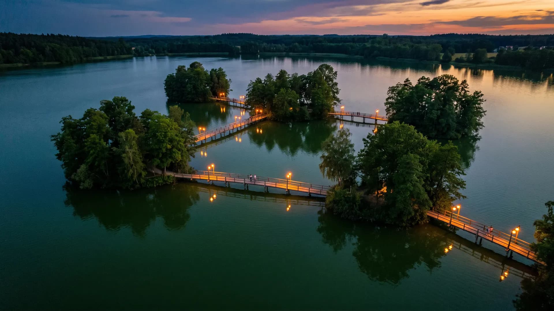 Islas con árboles unidas por puentes de madera iluminados, sobre un lago al atardecer